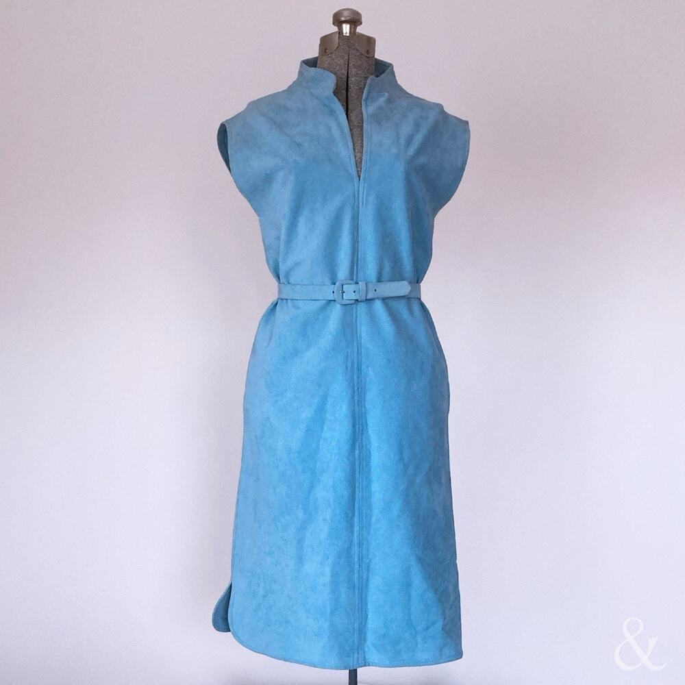 Vintage Turquoise Blue Faux Suede Midi Dress Belted Sleeveless Mod Western